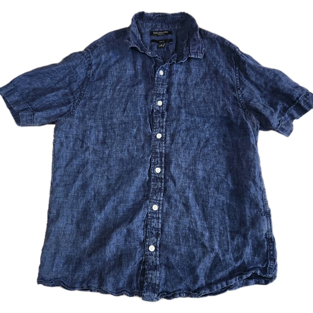 BANANA REPUBLIC 100% Linen Shirt Men's Medium Slim Fit Navy Blue Short Sleeve
